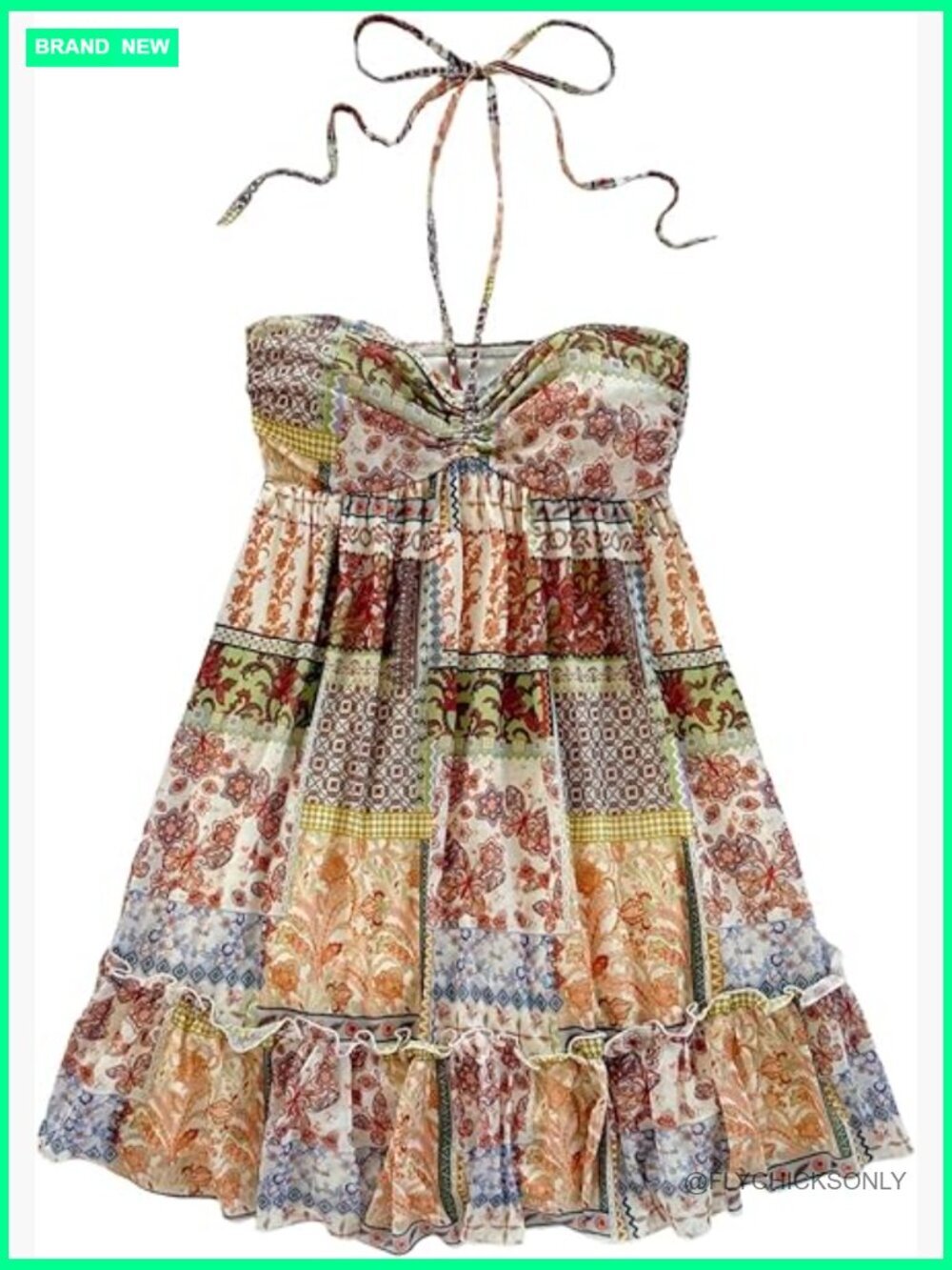 Polyester Floral Print Halter Mini Dress with Ruffle Hem